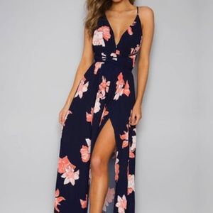 Dark Blue Chiffon Slit Floral Maxi Dress